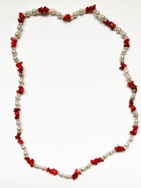 Vintage white pearl & red stone bead necklace